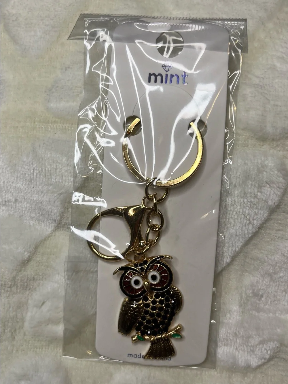Mint Gold Owl Keychain with Red and Green Enamel Accents